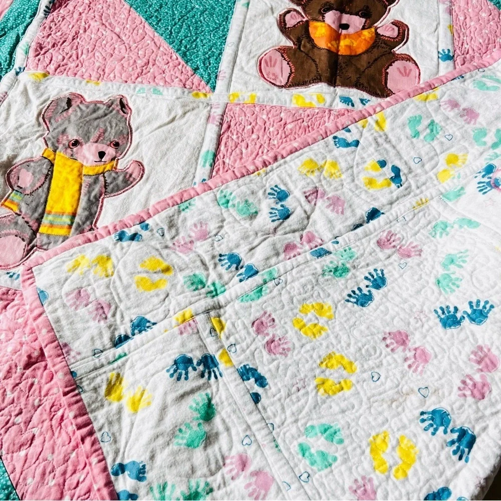 44”x54” Homemade Kids Cotton Quilt, Teddy Bear Quilt Blanket.